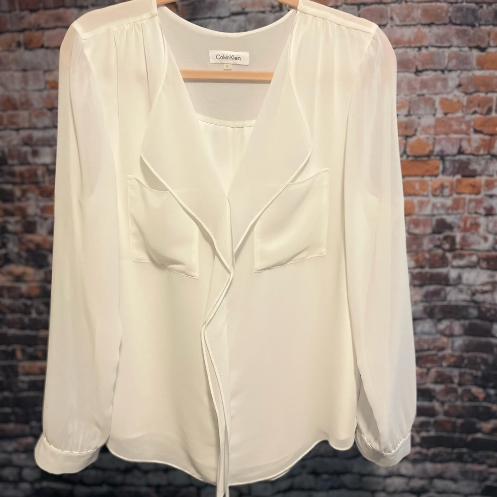 Calvin Klein sheer top roll sleeve gold button embellishment -Medium